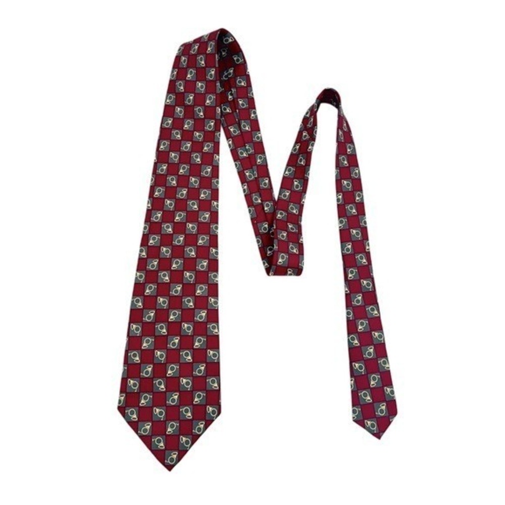 Polo Ralph Lauren Silk Tie Red Green Checkered Hunting Horn Equestrian USA Made
